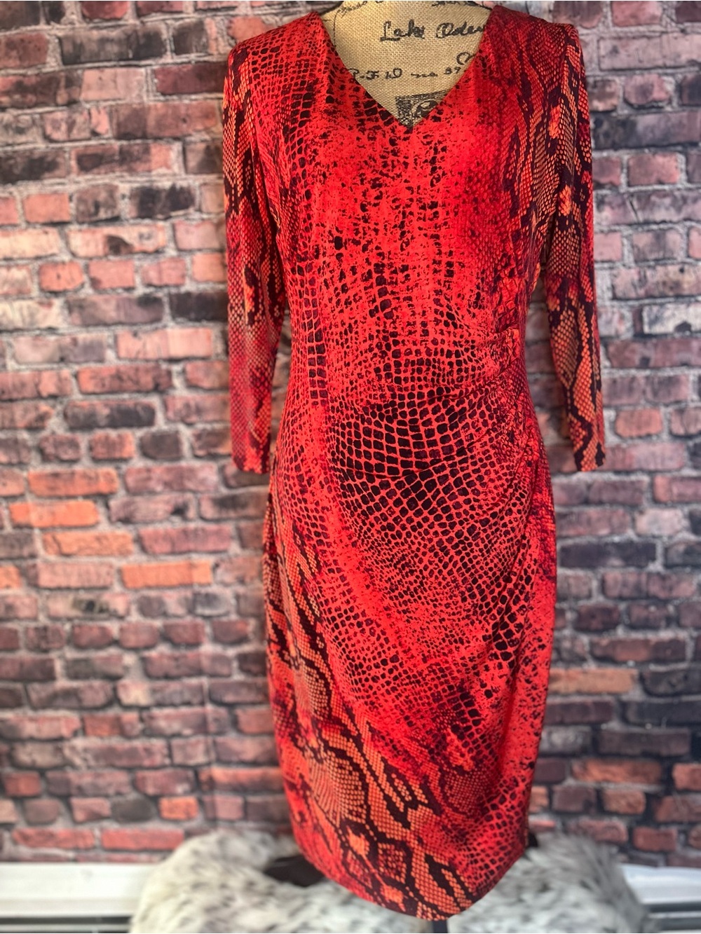 Anne Kline Red/Orange Cobra Snake-Print V-Neck Sheath Dress!